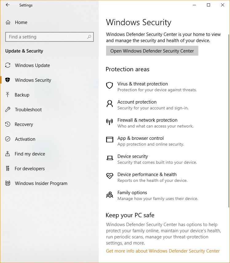 Windows セキュリティで使用できるさまざまな領域を示す Windows 設定のスクリーンショット。