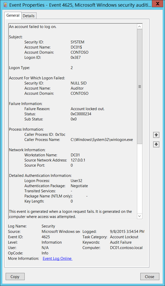 4625(F) アカウントがログオンに失敗しました。 (Windows 10