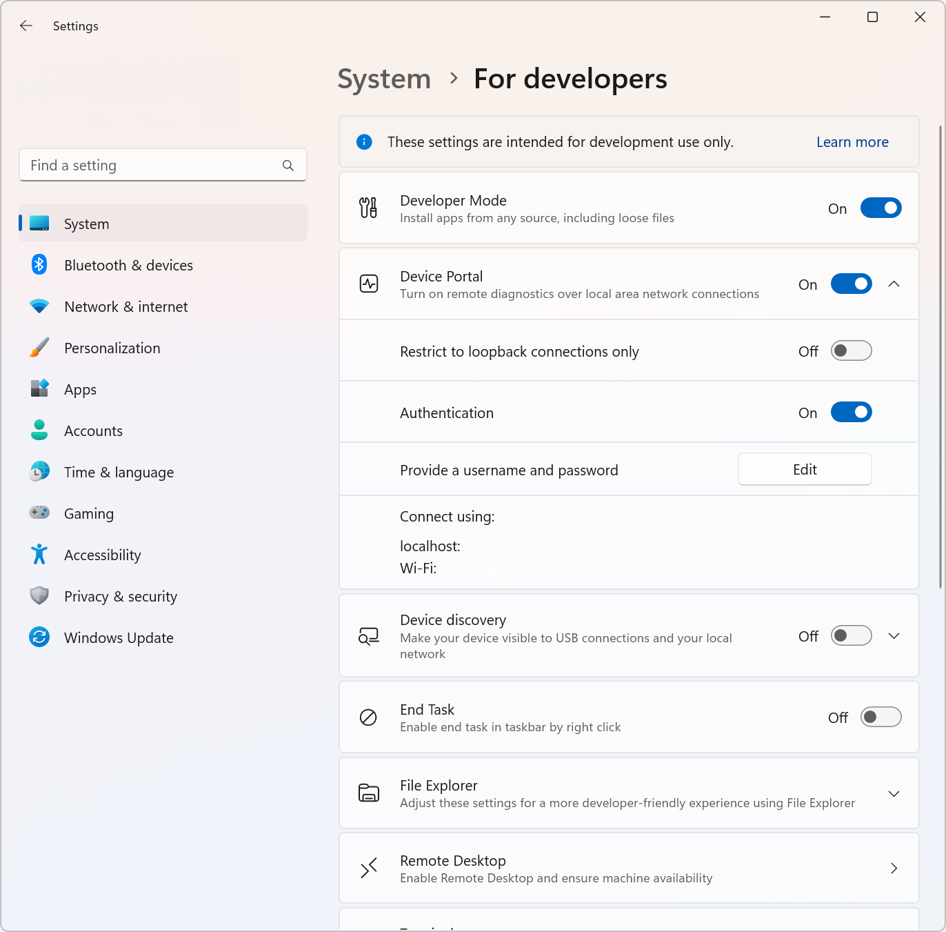 Windows Device Portal section of the Settings app