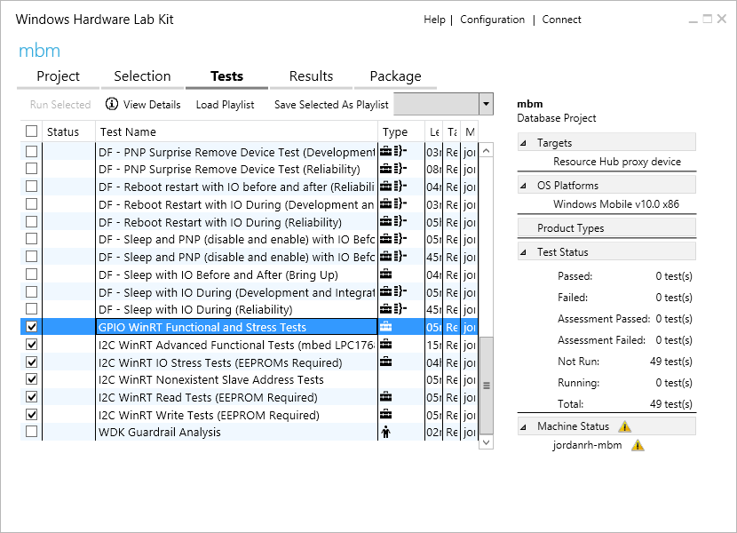 Screenshot of the Windows Hardware Lab Kit showing the Tests tab with the G P I O Win R T Functional and Stress Tests option selected.