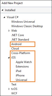 [Installed > Visual C sharp] が選択され、Android、Cross Platform、i O S オプションが強調表示されている [新しいプロジェクトの追加] ダイアログ ボックスのスクリーンショット。