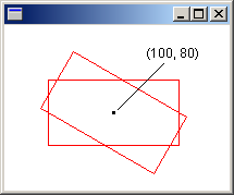 2 つの赤い四角形が同じポイントを中心にしたが、回転が異なるウィンドウのスクリーン ショット