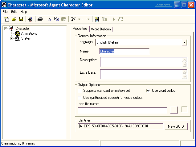 Screenshot that shows the 'Properties' page of the 'Character - Microsoft Agent Character Editor'.