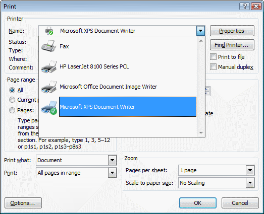 microsoft xps ドキュメント ライター (mxdw) の選択を示す印刷ダイアログ ボックスの画像。