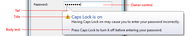Caps Lock がオンになっていることを示すバルーンを示すスクリーンショット。
