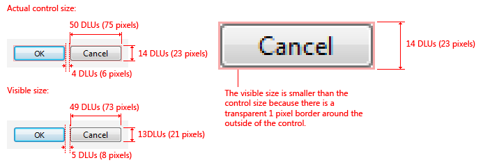 ボタンの寸法をピクセル単位と dlus 単位で示す図 