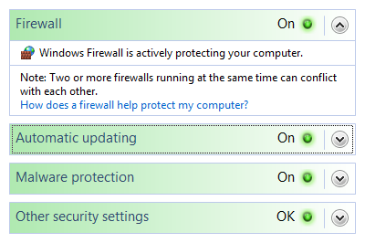 Windows セキュリティアプリの状態表示のスクリーン ショット