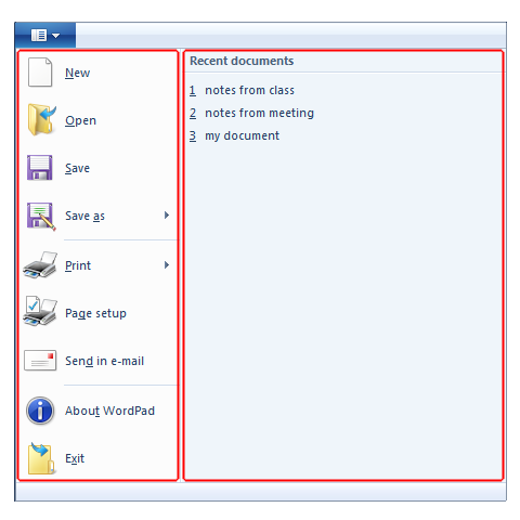Windows 7 のワードパッドのアプリケーション メニュー メニューのスクリーン ショット。