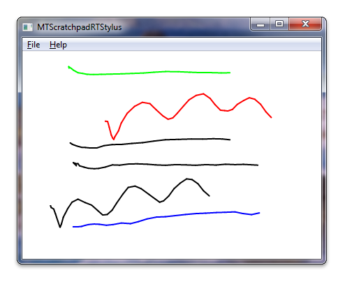 リアルタイム スタイラスを使用した Windows タッチ スクラッチパッドのサンプルを示すスクリーン ショット。緑色、赤、3 つの黒、青の線が画面上に表示されている