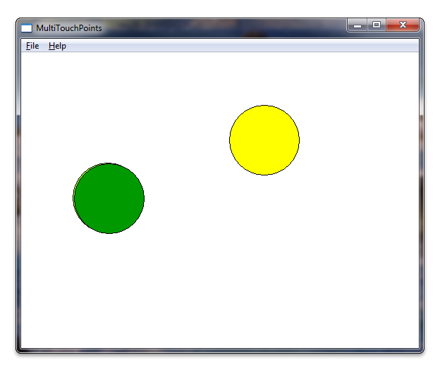 タッチ ポイントを緑と黄色の円としてレンダリングするアプリケーションを示すスクリーン ショット