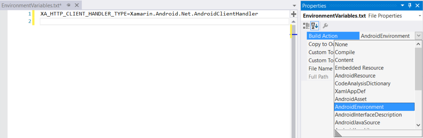 Visual Studio の AndroidEnvironment ビルド アクションのスクリーンショット。