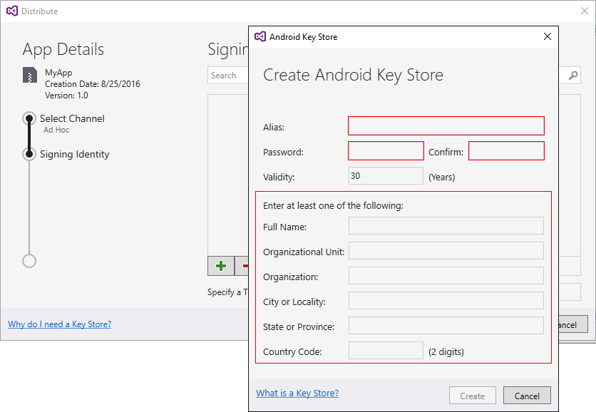 Create Android Key Store dialog