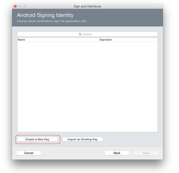 Android Signing Identity dialog