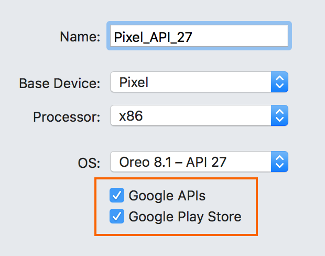 Google Play サービスと Google Play ストアを有効にした AVD の例