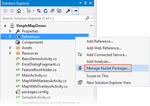 Solution Explorer showing Manage NuGet Packages context menu item under References