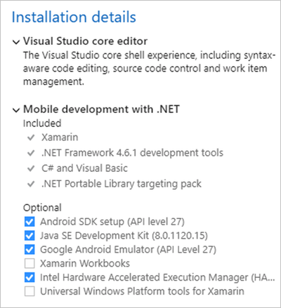 Installation details panel, listing Xamarin options to install