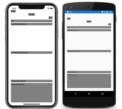 iOS および Android での配置と展開のオプションを設定した StackLayout の子ビューのスクリーンショット