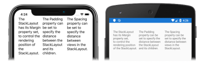 iOS と Android での水平方向に配置され たStackLayout の子ビューのスクリーンショット
