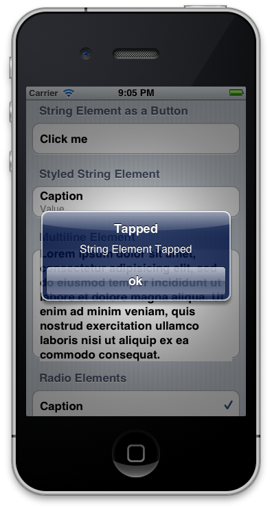 StringElement をボタンとして使用するには、デリゲートを指定します。