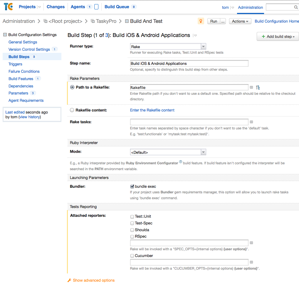 This screenshot is an example of a build step that uses a Rakefile to build an application This screenshot is an example of a build step that uses a Rakefile to build an application
