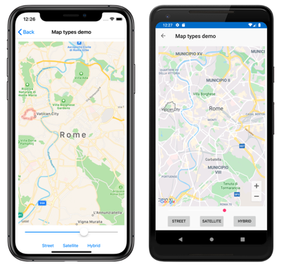 ストリート マップの種類を使用した iOS および Android 上のマップ コントロールのスクリーンショット