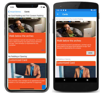 既定のレンダラーを使用するビュー iOS と Android の既定のレンダラーのスクリーンショット