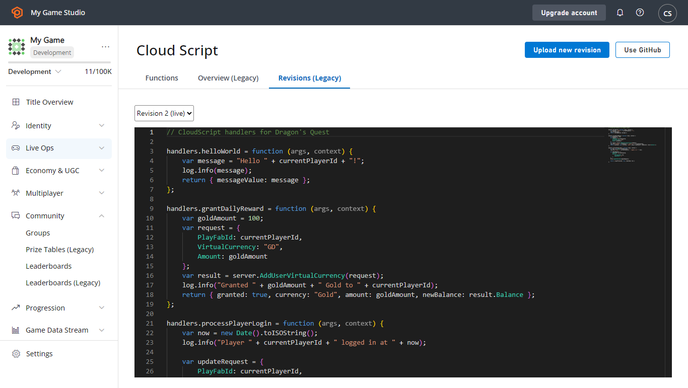 ゲーム マネージャー - CloudScript のアップロード - リビジョンの選択
