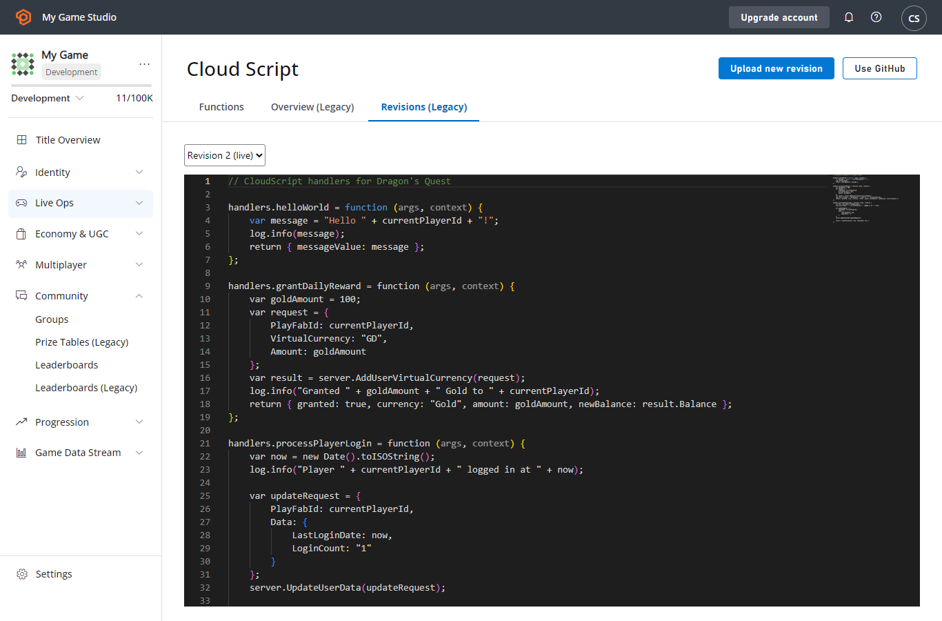ゲーム マネージャー - 自動化 - CloudScript