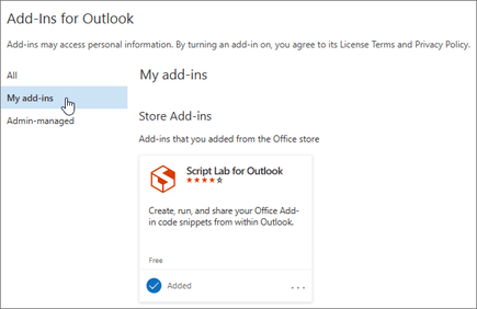 [Outlook 用の Add-Ins] ダイアログで選択されている [マイ アドイン] オプション。