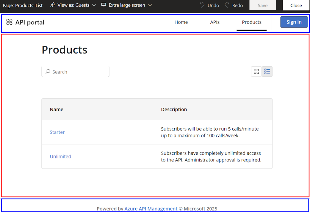 Screenshot of layout content in the developer portal.