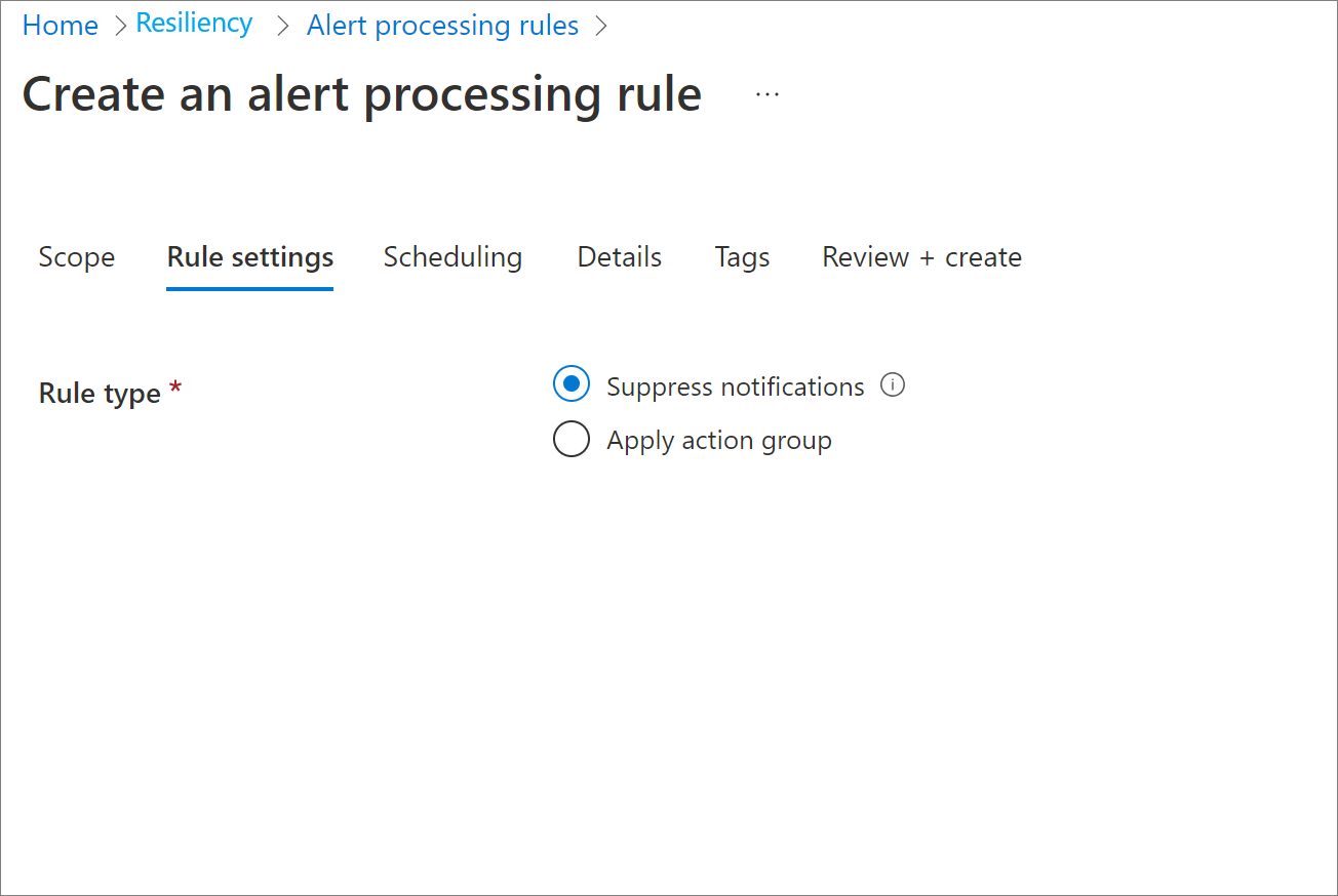 Screenshot showing alert processing rule settings.