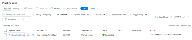 Screenshot of the tab for monitoring pipeline runs in a data factory.