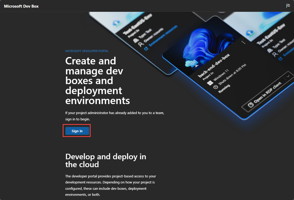 Screenshot of the developer portal landing page. Sign in is highlighted.