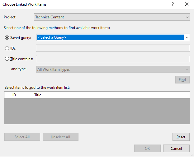 Screenshot of Choose Link Work Items dialog.