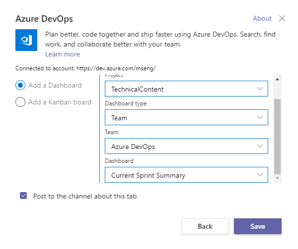 Dialog to add a team dashboard to a Teams channel.