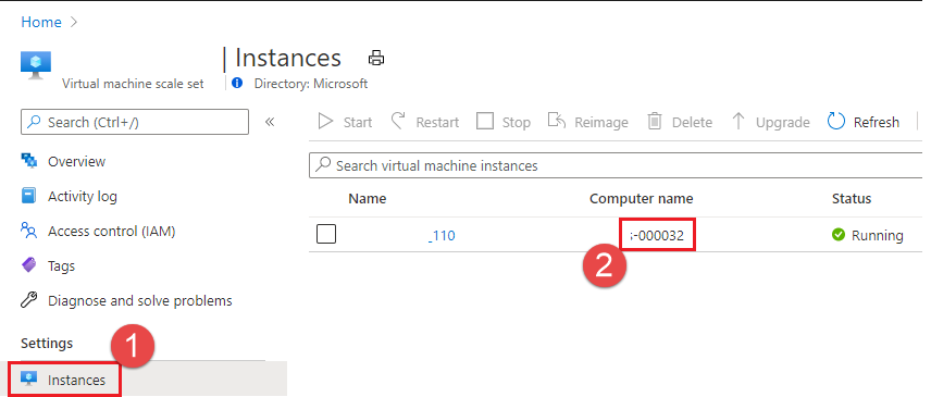 Azure portal Virtual Machine Scale Set instances.