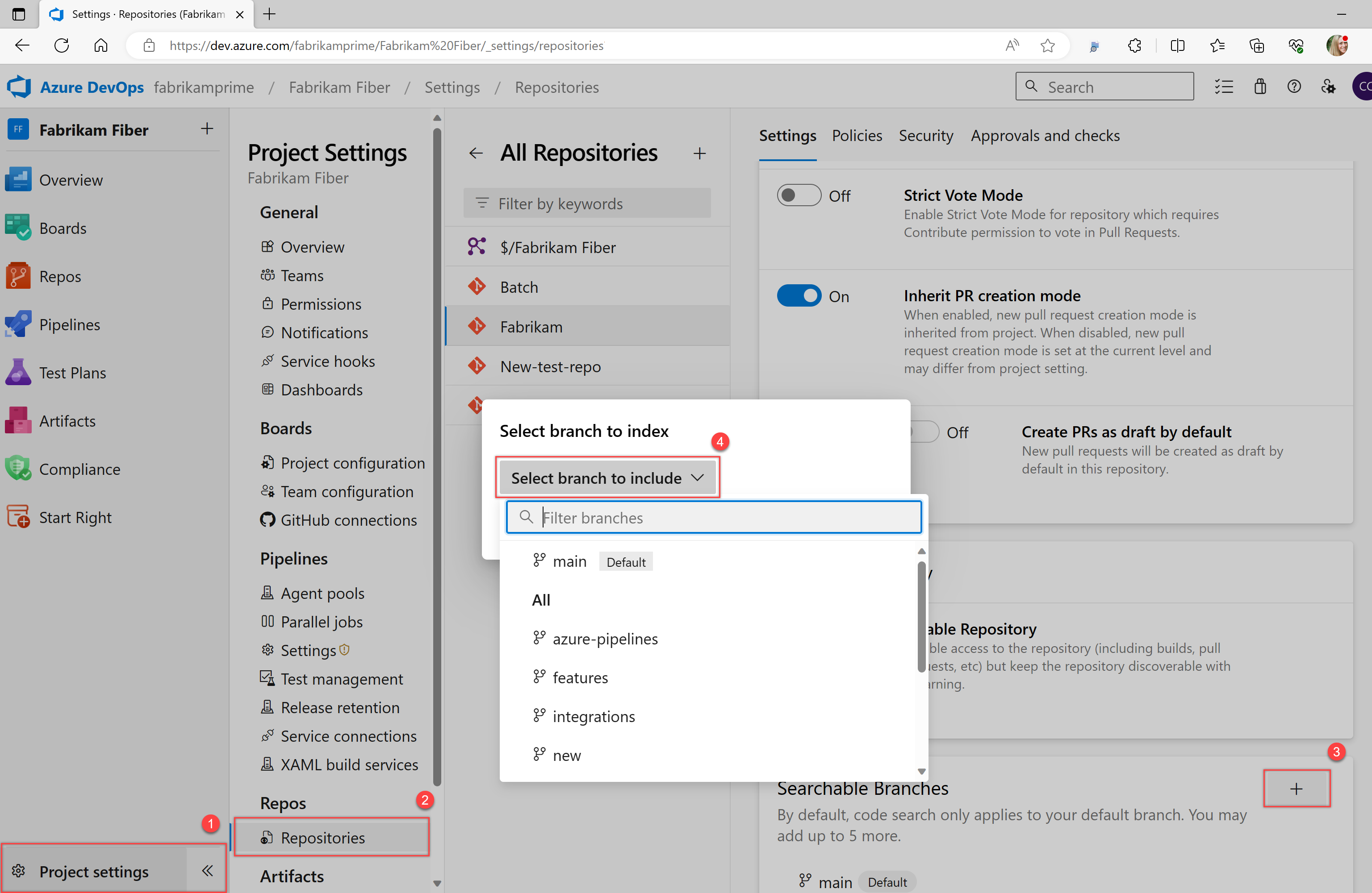 Screenshot showing Git branches for configuration.