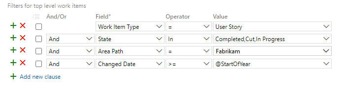 Screenshot of Query Editor, filter User Stories by State.