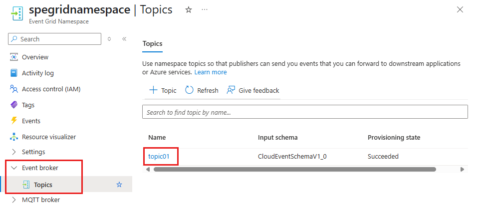 Screenshot that shows the Topics page with the namespace topic selected.
