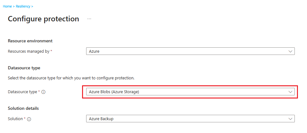 Screenshot shows how to initiate configuring vaulted blob backup.