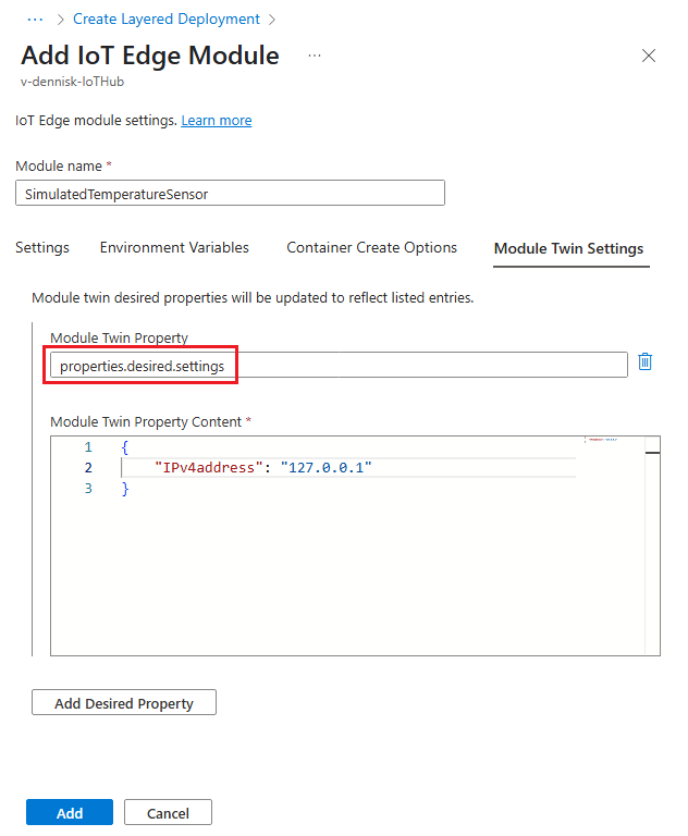 Screenshot showing how to set the module twin property for layered deployment.