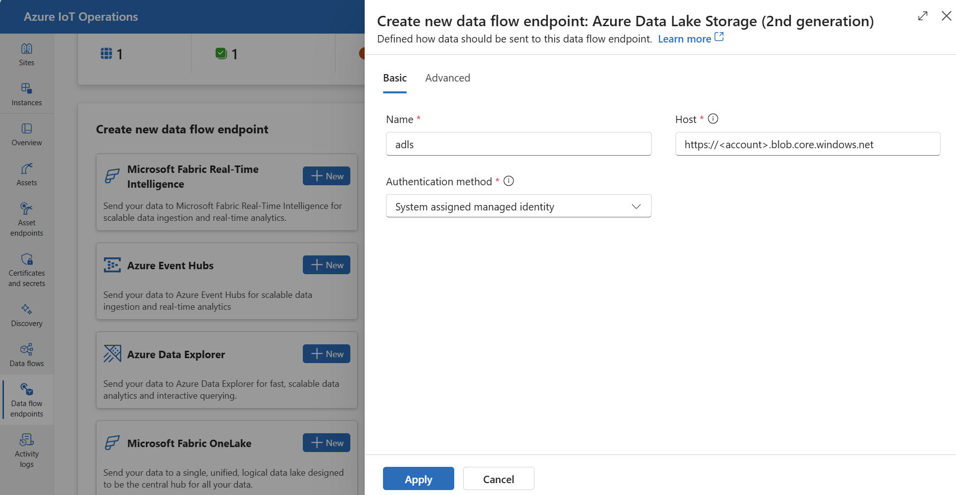 Screenshot using operations experience to create a new ADLS V2 data flow endpoint.
