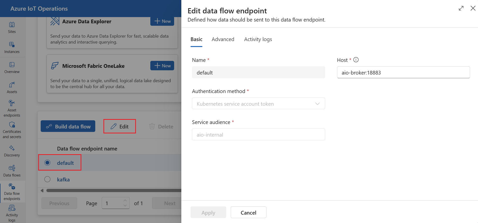 Screenshot using operations experience to view the default MQTT data flow endpoint.