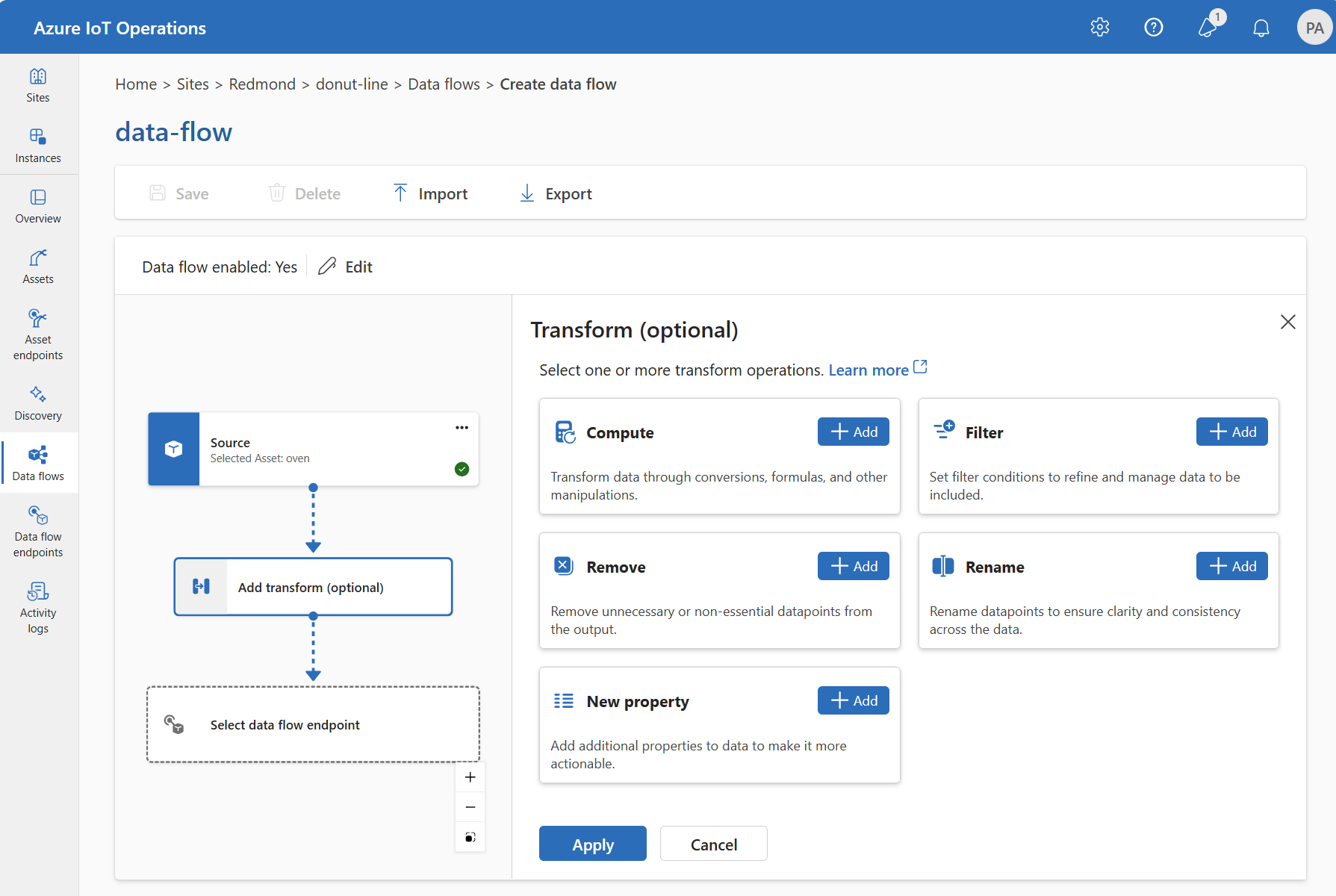 Screenshot of the operations experience interface showing the addition of a transformation stage to a data flow.