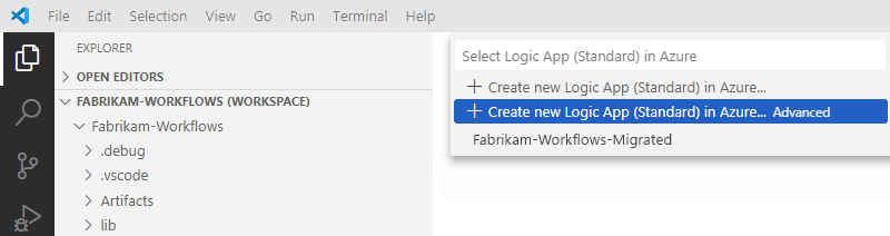 Screenshot shows deployment options list and selected option to create a new standard logic app resource with custom steps.