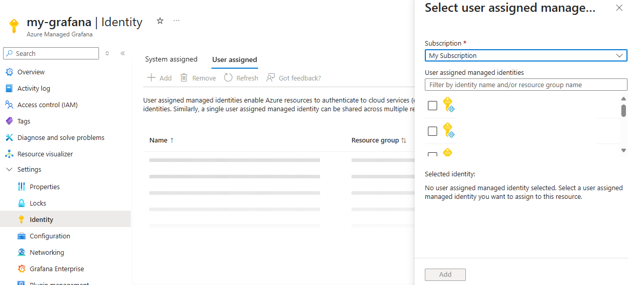 Screenshot of the Azure portal. Enabling a user-assigned managed identity.