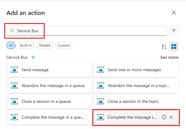 Screenshot that shows the selection of Complete a message in a topic subscription.