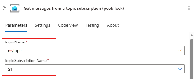 Screenshot that shows the Logic Apps Designer with the Service Bus topic and subscription specified.