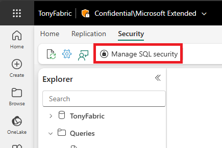 Screenshot of the Fabric portal, selecting Manage SQL Security.