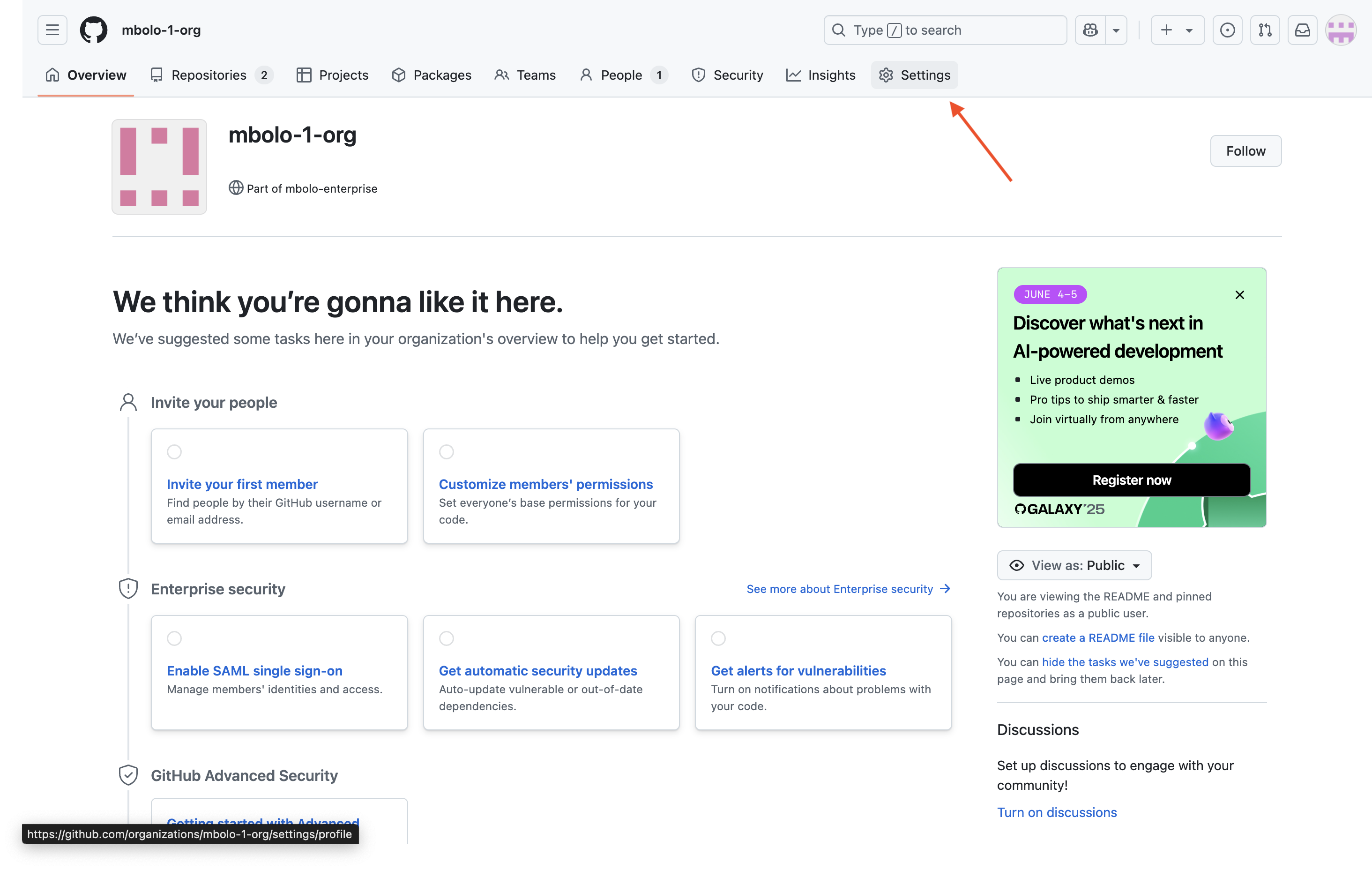 Screenshot of GitHub organization overview page with Settings button highlighted.